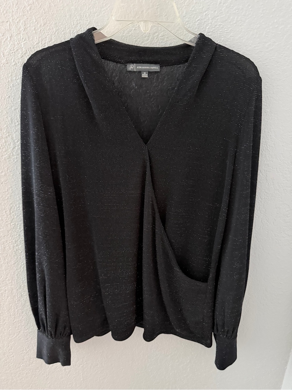Adrianna Papell Black Metallic Drape V-Neck Top